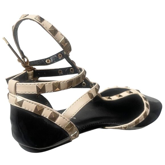 Studded Pointed Toe Punk Flats – Black Patent & Beige Triple Buckle Sandals - Picture 5 of 7